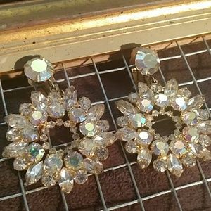 Vintage Ab crystal wreaths in gold tone clip on